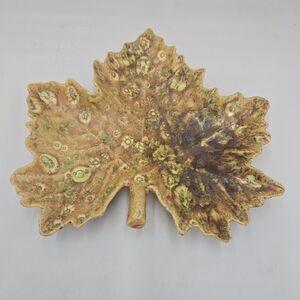 Vintage Stevens Art Pottery Maple Leaf Dish Signed MCM Tray Yellow Green